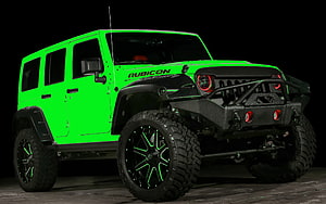 Vivid Green Jeep Wrangler Rubicon Off-Road SUV with Custom Black Wheels and Front Bumper HD wallpaper