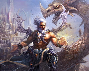 Bhishma Pitamah warrior facing a massive dragon in a fantasy battle scene HD wallpaper