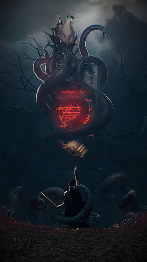 Eldritch Horror: Cthulhu Rising from the Dark Depths with Glowing Sigil HD phone wallpaper