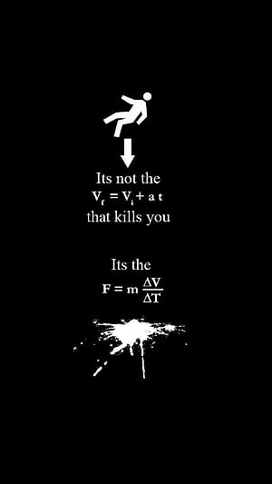 Physics Humor: Falling Stick Figure and Impact Force Formula on Black Background HD phone wallpaper