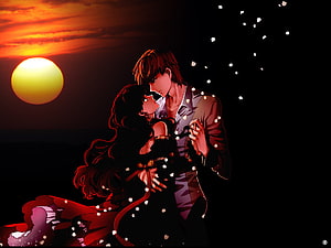 Romantic Anime Couple Embracing at Sunset with Floating Petals HD wallpaper
