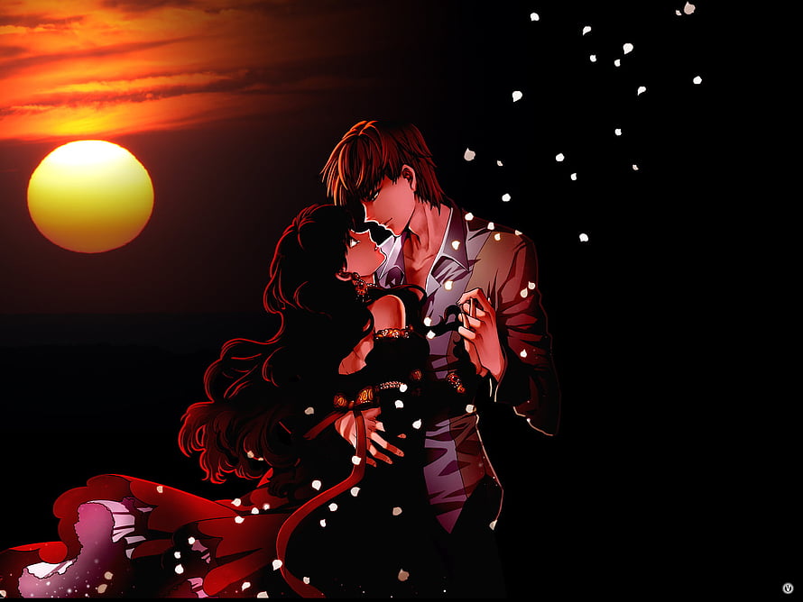 Romantic Anime Couple Embracing at Sunset with Floating Petals HD wallpaper