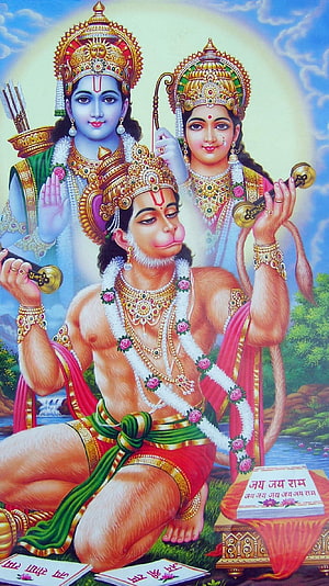 Hanuman with Lord Rama and Sita in Traditional Indian Devotional Art, Hanuman, Ram Bhakt Hanuman, Bajrangbali, Pawanputra Hanuman HD phone wallpaper
