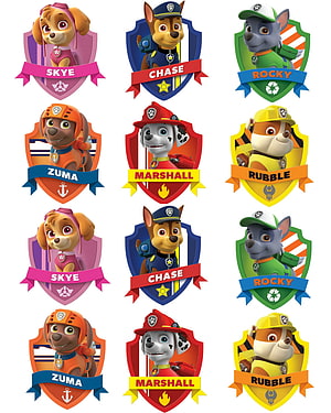 Paw Patrol Character Badges Featuring Skye, Chase, Rocky, Zuma, Marshall, and Rubble HD phone wallpaper