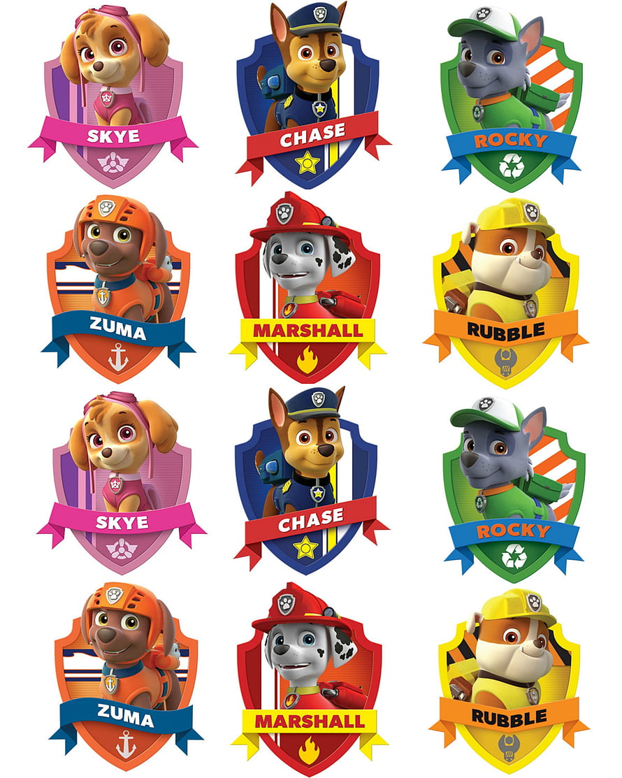 Paw Patrol Character Badges Featuring Skye, Chase, Rocky, Zuma, Marshall, and Rubble HD phone wallpaper