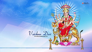 Vaishno Devi Hindu Goddess Riding Tiger with Divine Weapons and Radiant Aura HD wallpaper