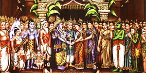 Srinivasa Kalyanam Traditional Indian Temple Painting Depicting Divine Wedding Ceremony HD wallpaper