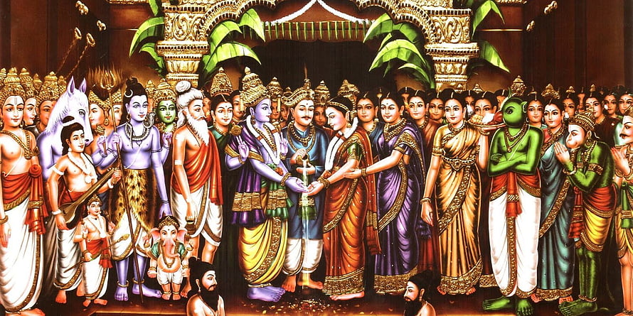 Srinivasa Kalyanam Traditional Indian Temple Painting Depicting Divine Wedding Ceremony HD wallpaper