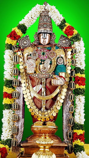 Tirupati Balaji Temple Deity Adorned in Gold Jewelry and Flower Garland HD phone wallpaper