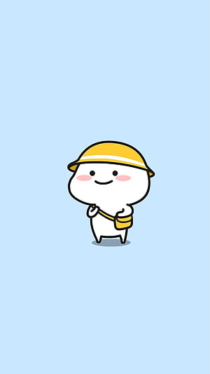 Cute White Cartoon Character Wearing Yellow Bucket Hat and Crossbody Bag on Light Blue Background HD phone wallpaper