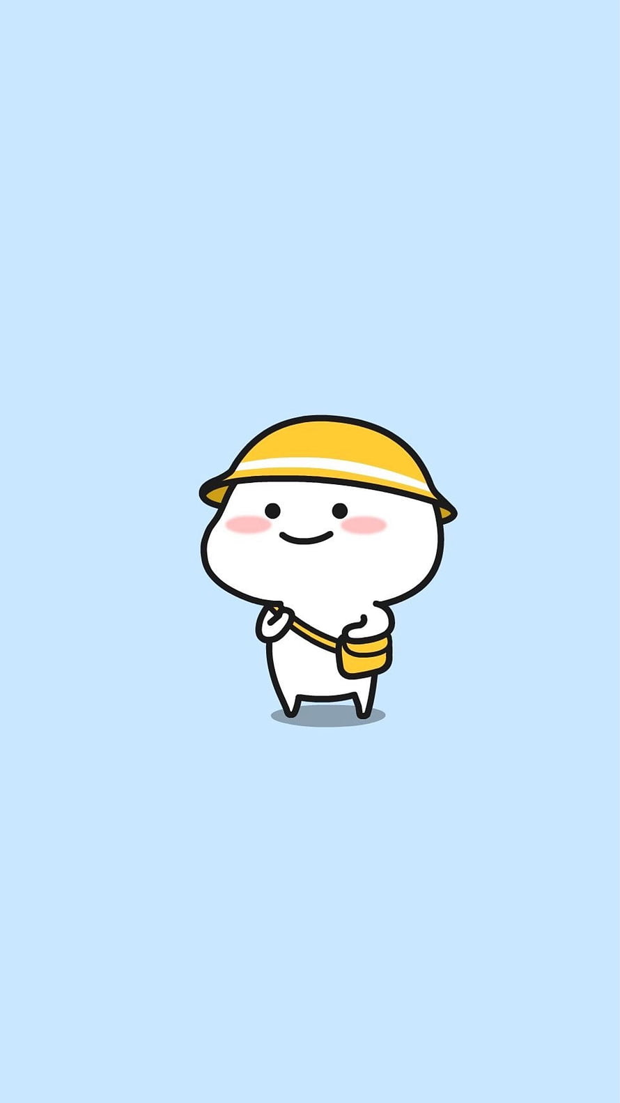 Cute White Cartoon Character Wearing Yellow Bucket Hat and Crossbody Bag on Light Blue Background HD phone wallpaper