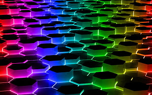 Vibrant Neon Hexagonal Grid Pattern with Rainbow Gradient Glow on Dark Background HD wallpaper
