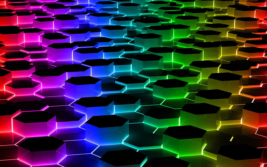 Vibrant Neon Hexagonal Grid Pattern with Rainbow Gradient Glow on Dark Background HD wallpaper