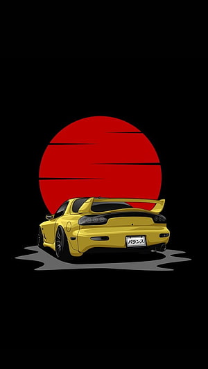 Yellow Mazda RX-7 Rear View Against Red Sun JDM Illustration HD phone wallpaper