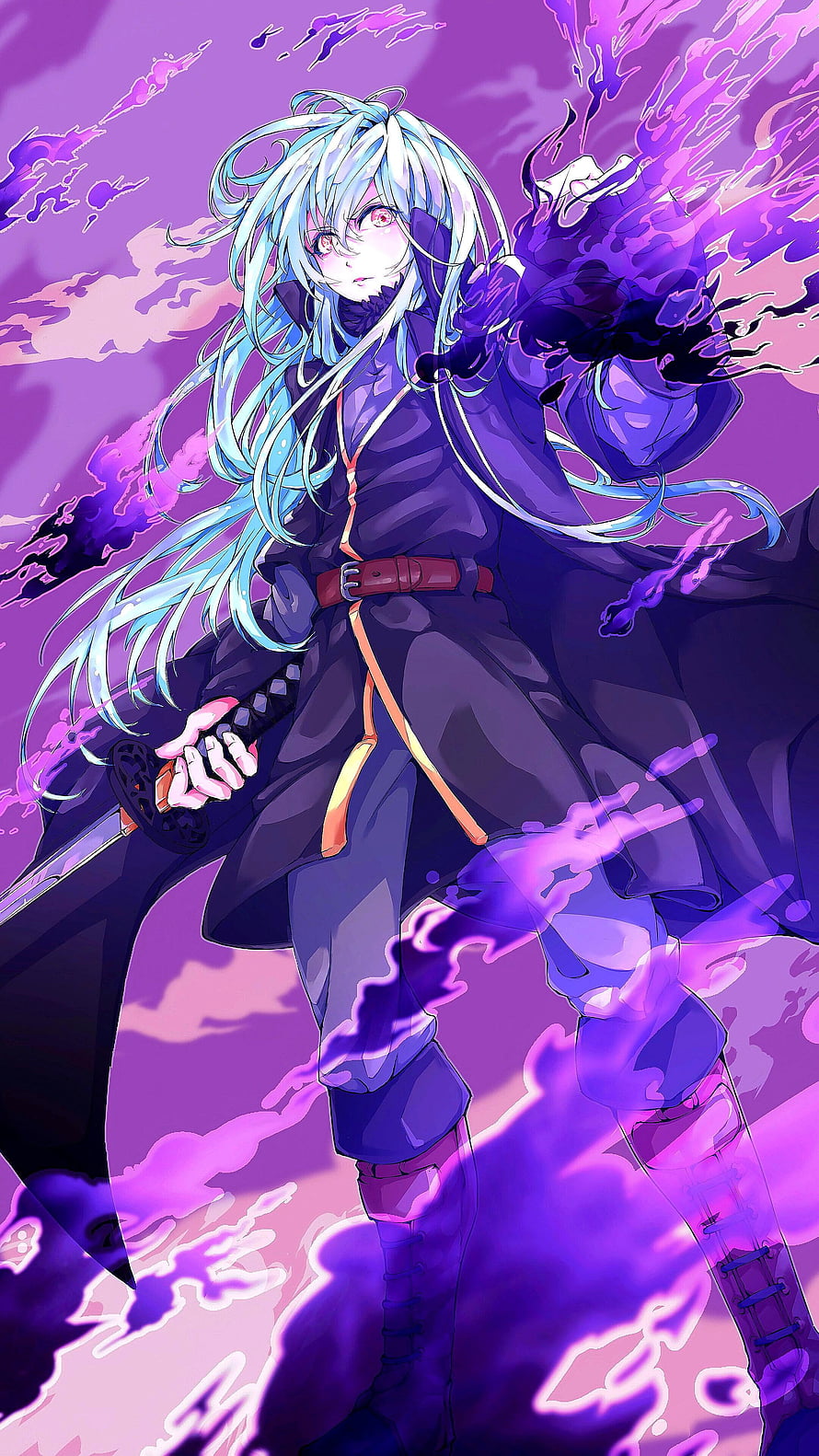 Rimuru anime character with long blue hair and purple energy aura HD phone wallpaper