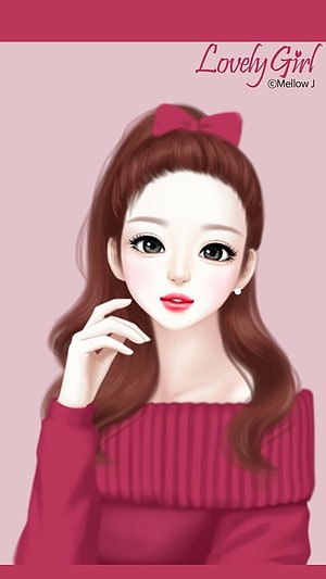 Cute Cartoon Girl with Red Bow and Pink Sweater Digital Illustration HD phone wallpaper