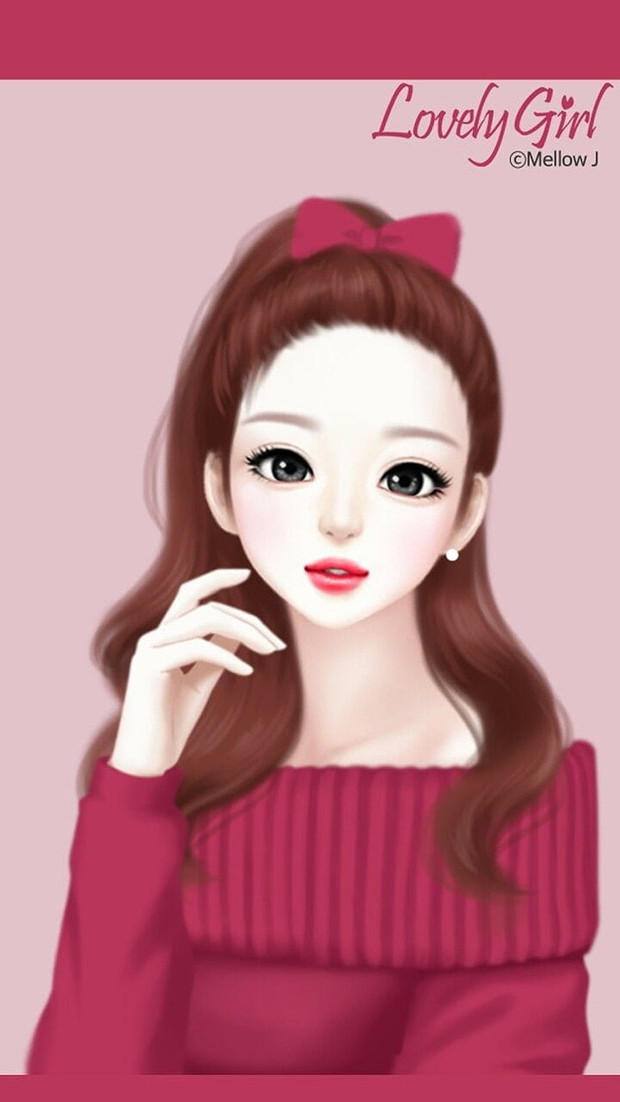 Cute Cartoon Girl with Red Bow and Pink Sweater Digital Illustration HD phone wallpaper