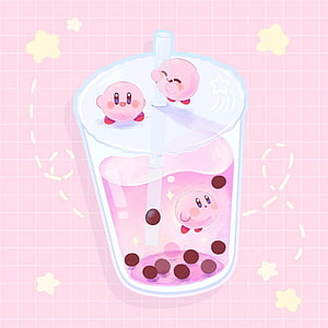 Cute Kirby Characters in a Pink Bubble Tea Cup with Tapioca Pearls and Stars HD phone wallpaper