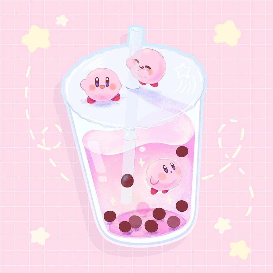 Cute Kirby Characters in a Pink Bubble Tea Cup with Tapioca Pearls and Stars HD phone wallpaper
