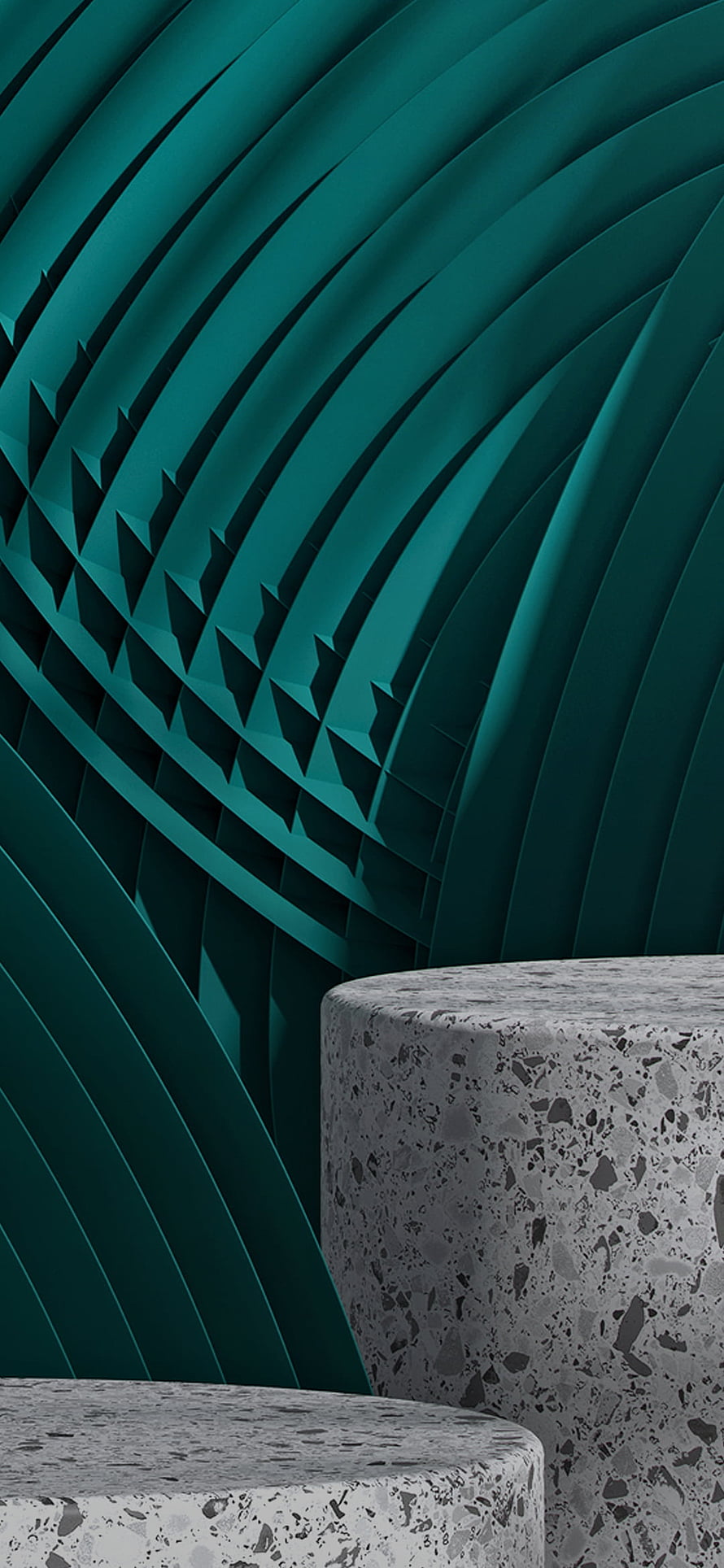 Teal Geometric Architecture with Terrazzo Pedestals Minimalist 3D Render HD phone wallpaper