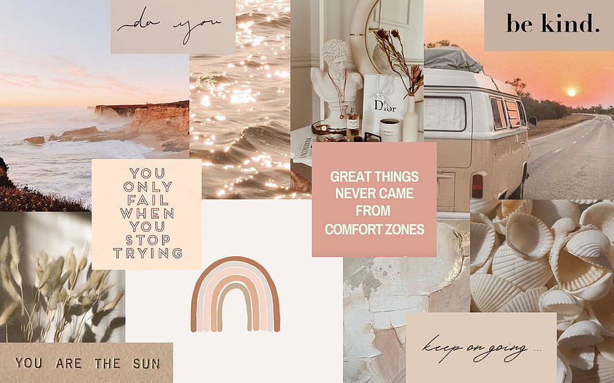 Boho Aesthetic Mood Board with Inspirational Quotes and Warm Neutral Tones HD wallpaper