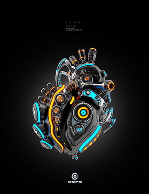 Futuristic Biomechanical Heart Concept Art with Neon Cyan and Orange Accents HD phone wallpaper