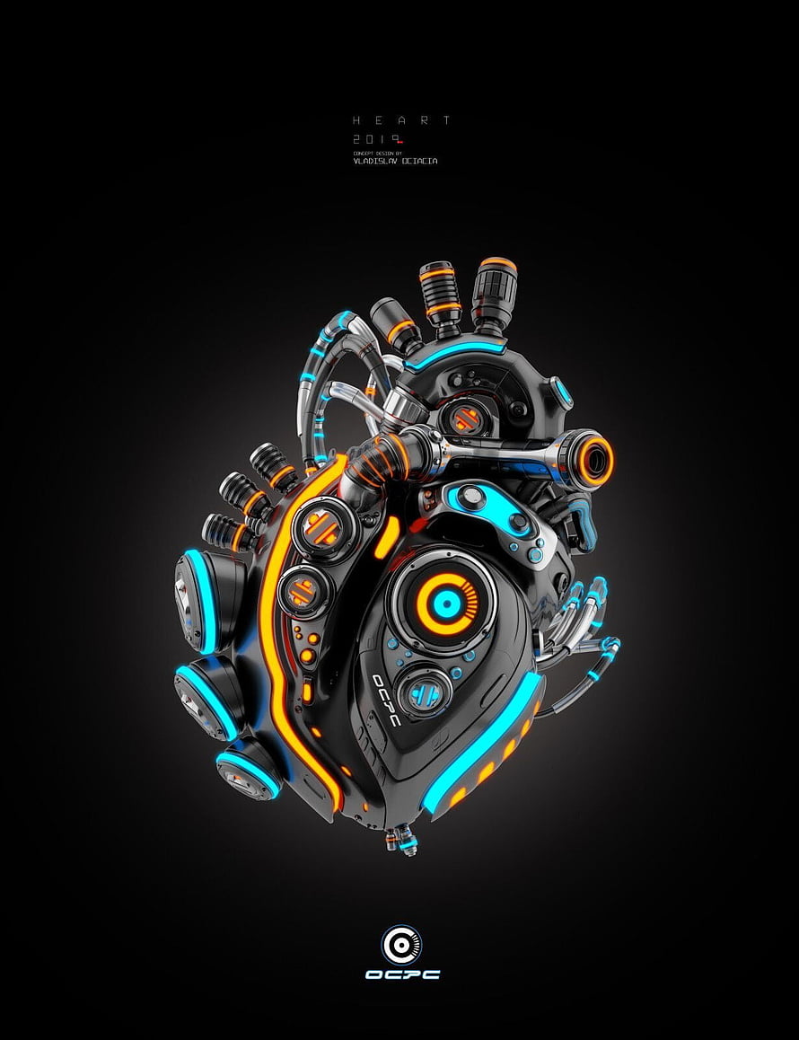 Futuristic Biomechanical Heart Concept Art with Neon Cyan and Orange Accents HD phone wallpaper