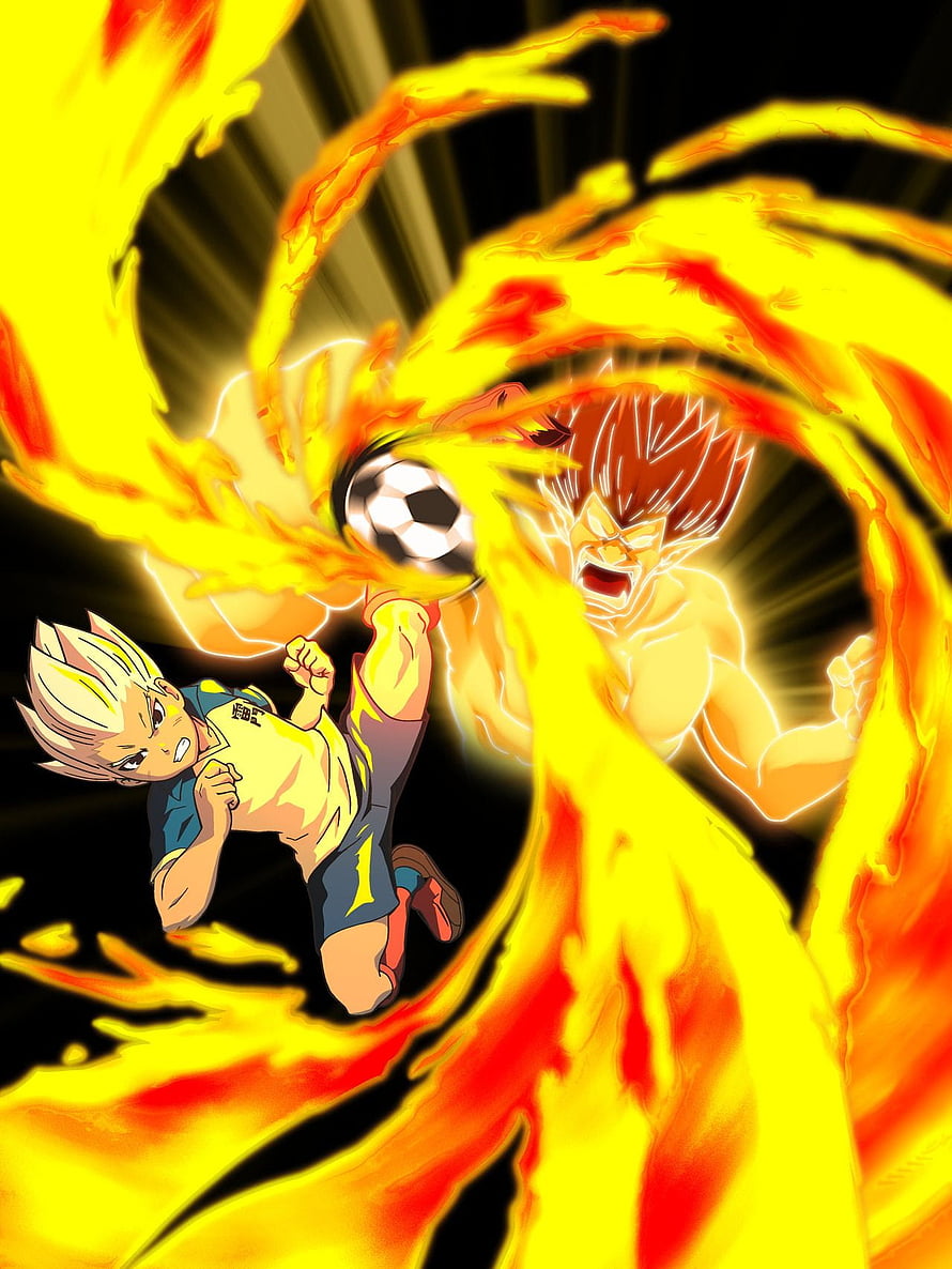 Inazuma Eleven Orion Anime Soccer Player Executing a Blazing Fire Kick HD phone wallpaper