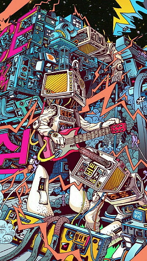 Psychedelic Pop Art Illustration of a Giant Robot Playing Electric Guitar Amidst a Chaotic Cityscape HD phone wallpaper