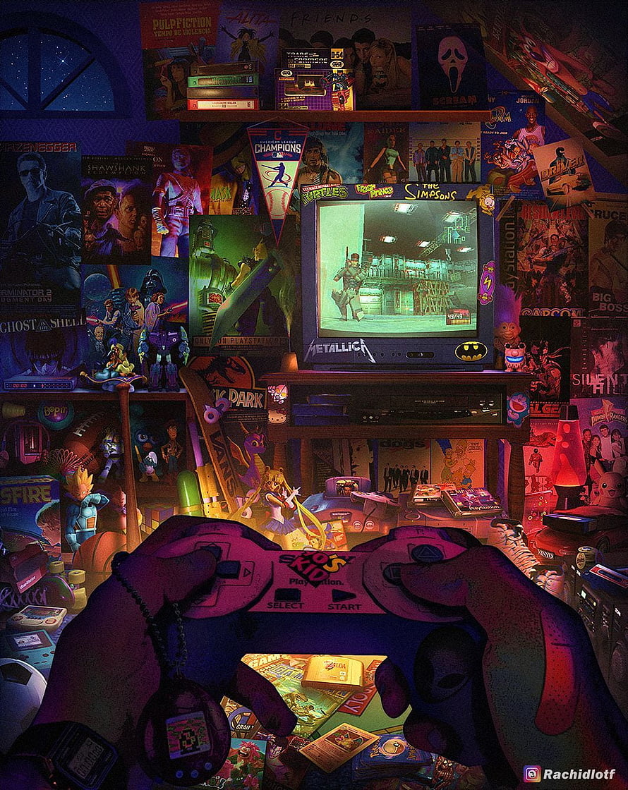Nostalgic Retro Gaming Room With PlayStation Controller And Vintage Movie Posters HD phone wallpaper