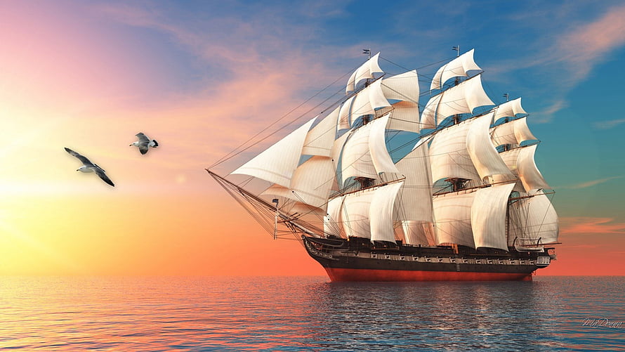 Grand Tall Ship Sailing on Calm Ocean Waters During a Vibrant Sunrise HD wallpaper