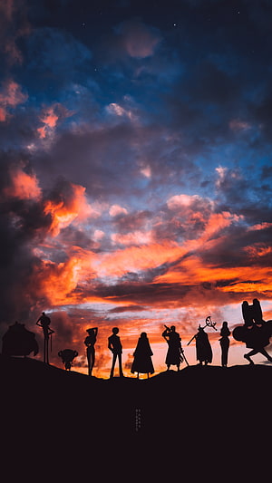 One Piece Straw Hat Crew Silhouettes Against Dramatic Sunset Sky HD phone wallpaper