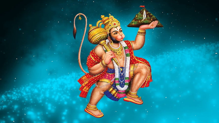 Hanuman Carrying Mount Dronagiri and a Golden Pot Against a Teal Cosmic Background HD wallpaper