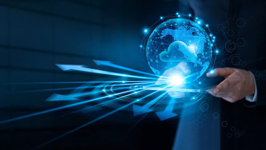 Businessman Interacting with Holographic Cloud Computing and Global Network Data Visualization HD wallpaper