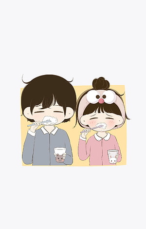 Cute Chibi Couple Brushing Teeth in Cozy Pajamas with Animal Mugs HD phone wallpaper
