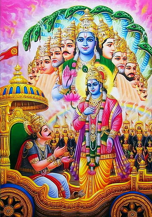 Krishna and Arjuna on the Chariot with Vishnu's Multi-Headed Form and Serpent Canopy HD phone wallpaper