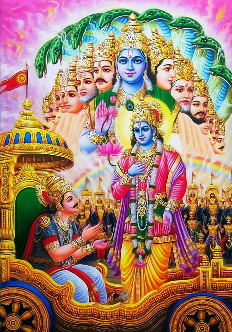 Krishna and Arjuna on the Chariot with Vishnu's Multi-Headed Form and Serpent Canopy HD phone wallpaper
