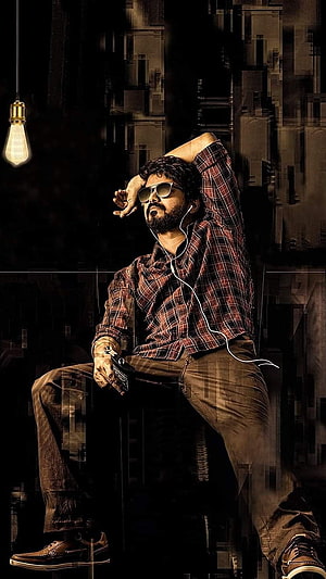 Vijay Thalapathy in moody urban portrait with sunglasses and plaid shirt HD phone wallpaper