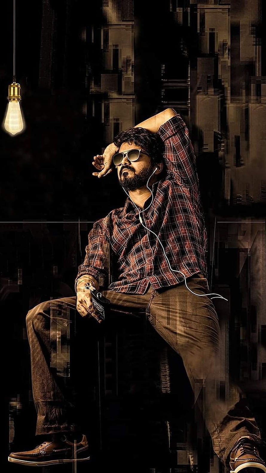 Vijay Thalapathy in moody urban portrait with sunglasses and plaid shirt HD phone wallpaper
