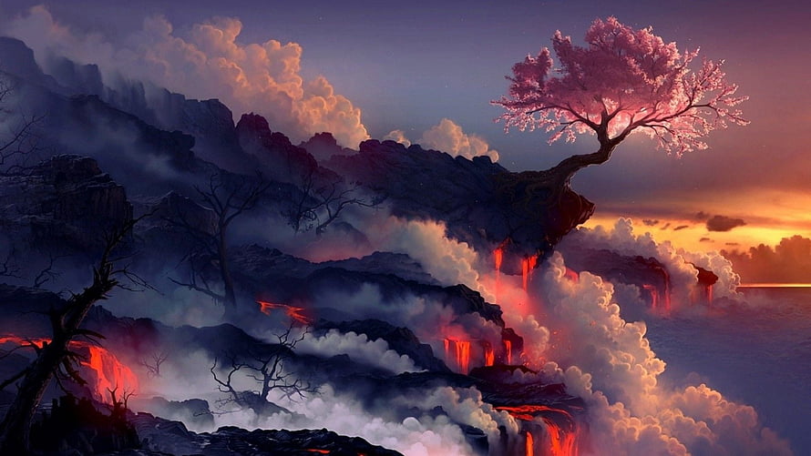 Epic Fantasy Landscape with Glowing Cherry Blossom Tree and Volcanic Cliffs at Sunset HD wallpaper