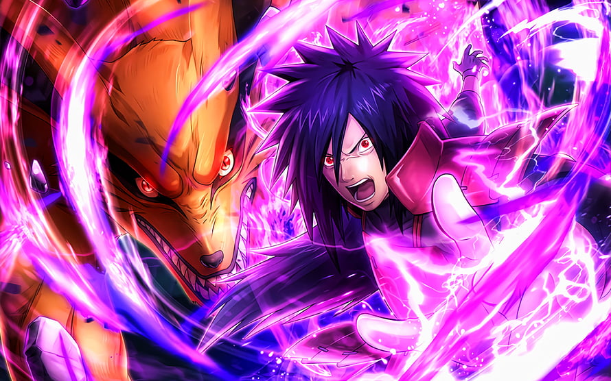 Madara Uchiha and Kurama unleashing violet chakra in intense Naruto fan art HD wallpaper