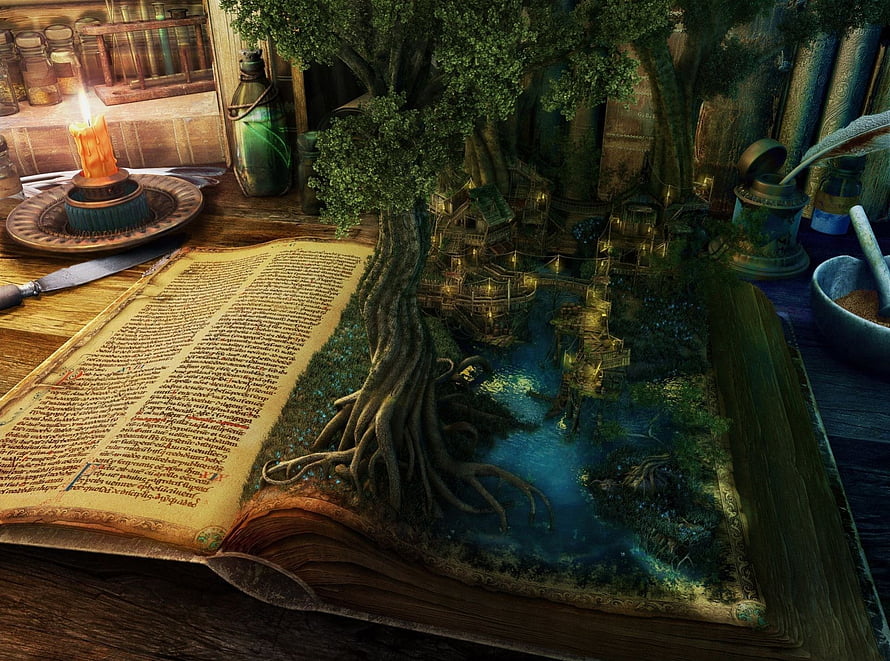 Fantasy Book of Life with Growing Tree and Miniature Village HD wallpaper