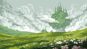 Lush Green Rolling Hills and Misty Mountain Peak in Pixel Art Landscape HD wallpaper