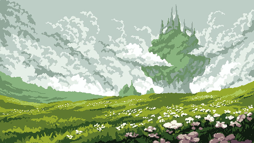 Lush Green Rolling Hills and Misty Mountain Peak in Pixel Art Landscape HD wallpaper
