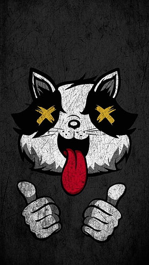 Edgy Cartoon Cat with X Eyes and Thumbs Up on Dark Grunge Background HD phone wallpaper