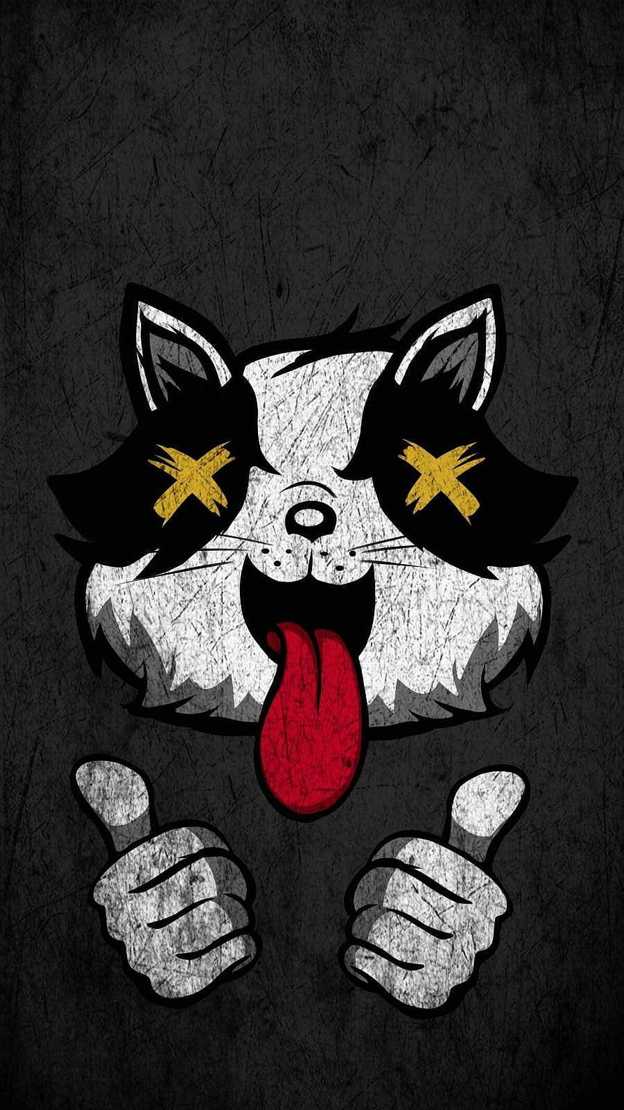 Edgy Cartoon Cat with X Eyes and Thumbs Up on Dark Grunge Background HD phone wallpaper