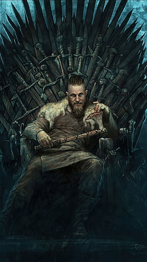Ragnar Lothbrok Seated on the Iron Throne Holding a Bloodied Sword in Dark Fantasy Art HD phone wallpaper