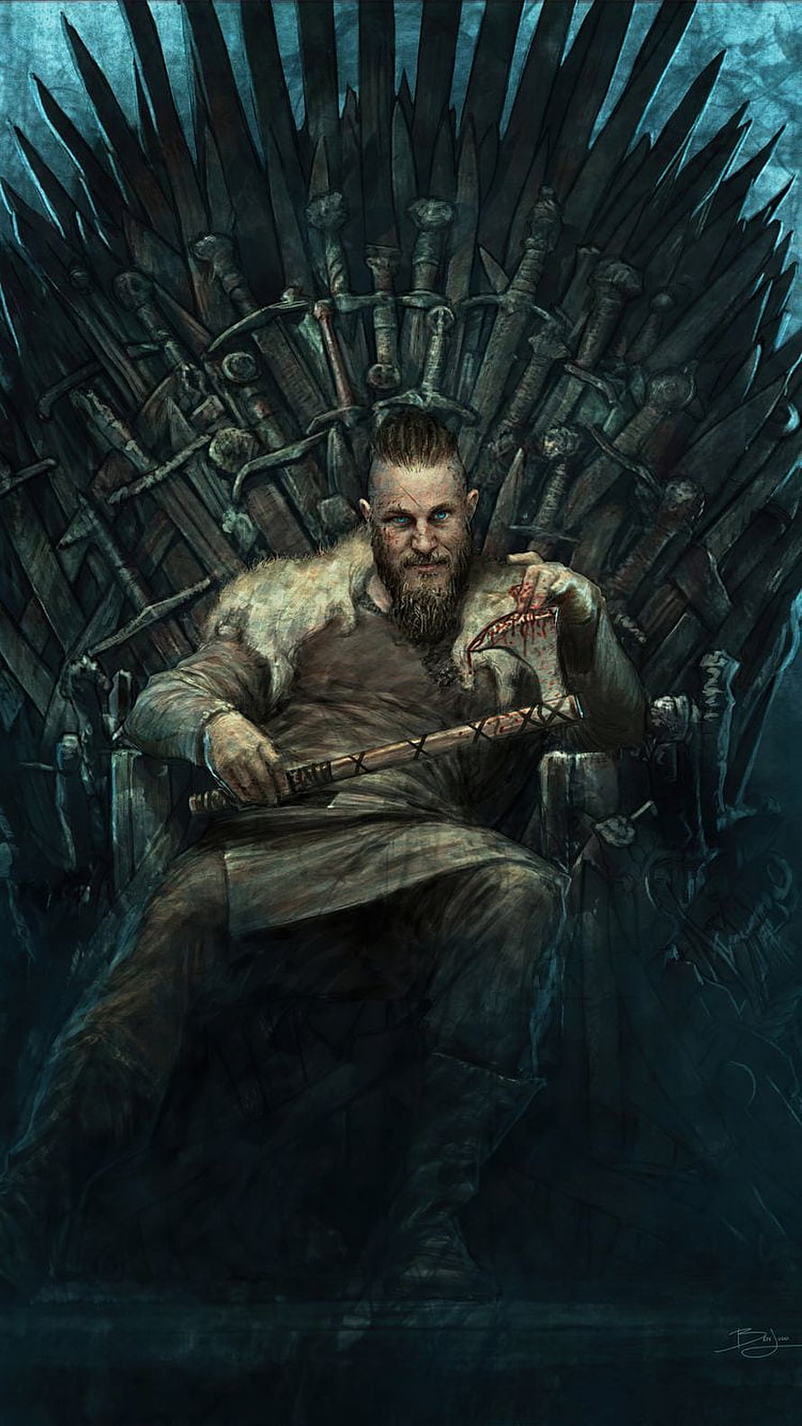 Ragnar Lothbrok Seated on the Iron Throne Holding a Bloodied Sword in Dark Fantasy Art HD phone wallpaper