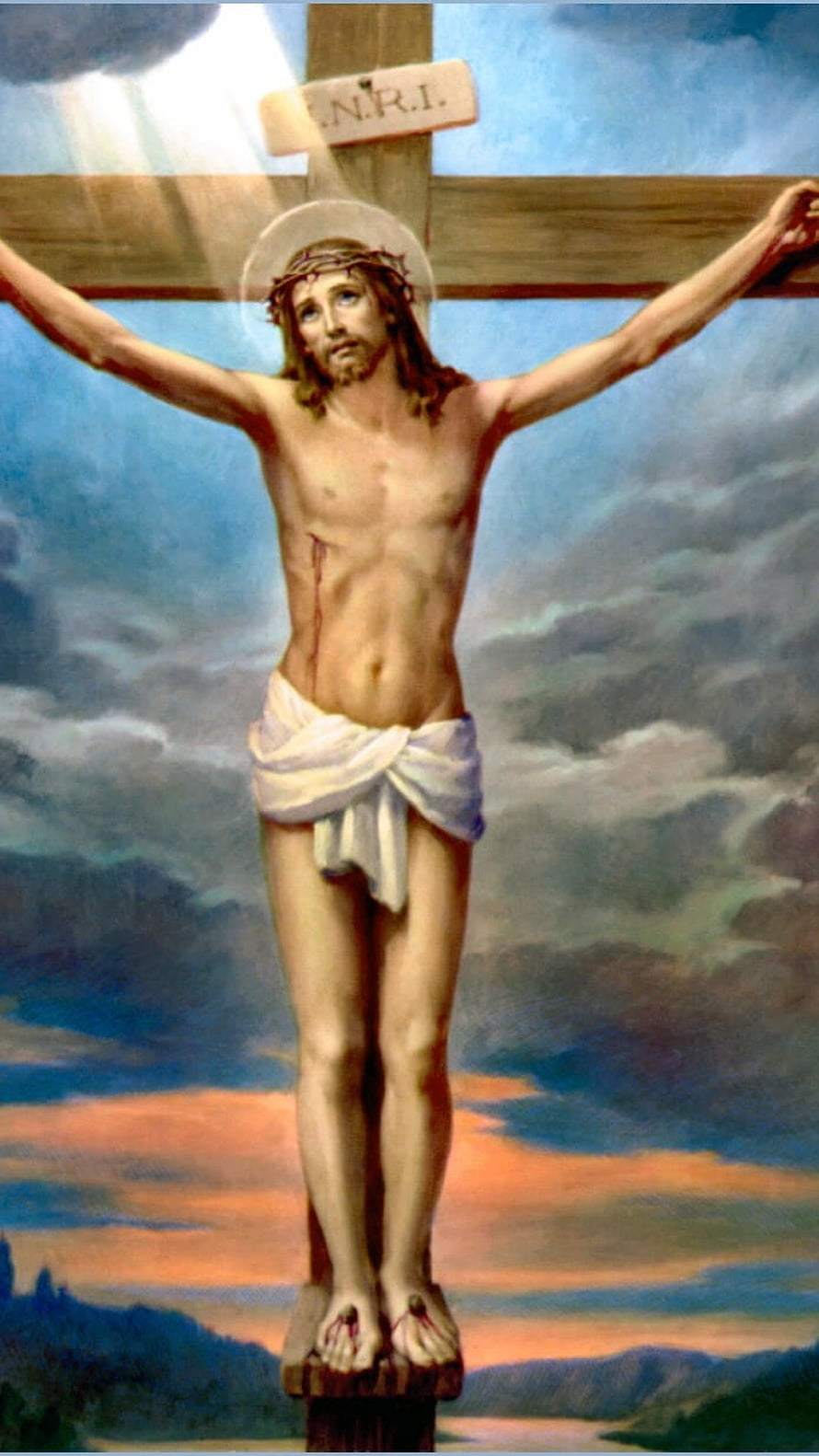 Jesus Christ on the Cross with INRI Plaque and Crown of Thorns in Classical Religious Painting HD phone wallpaper