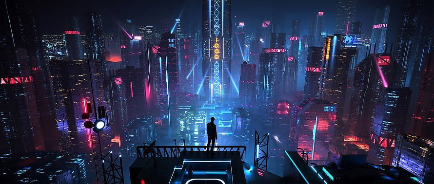 Cyberpunk Cityscape at Night with Neon Lights and Silhouette on Rooftop HD wallpaper